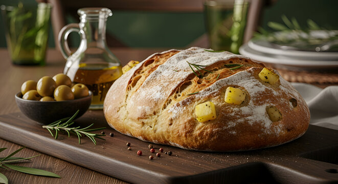 Freshly baked artisan bread with olives and olive oil on wooden cutting board