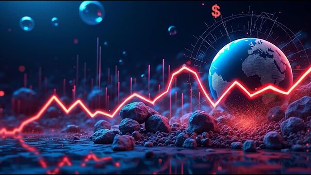 A digital representation of a globe with financial indicators, dollar signs, and vibrant colors symbolizing global economics and market trends. - Powered by Adobe