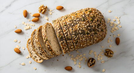 Freshly Baked Seeded Bread with Almonds Walnuts Oats on a White Marble Surface
