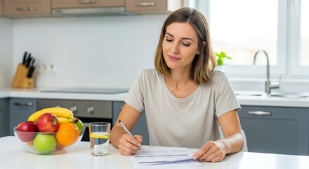 Woman checking meal plan at kitchen table, healthy eating and nutrition planning at home