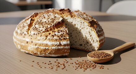 Freshly Baked Seeded Bread with a Slice Removed, Resting on a Table, Close-Up Shot