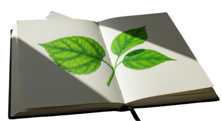 Open book with realistic green leaf drawings and sunlight casting shadows, artistic nature illustration perfect for educational and botanical projects
