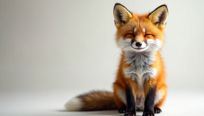 Adorable fox sits. Orange furred mammal poses on clean background. Wild animal smiles, looks calm, happy. Small furry creature relaxes. Little predator enjoys rest time. Calm cute fox dreams in