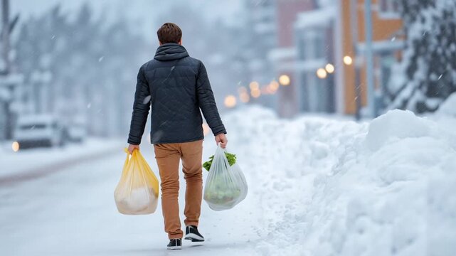 Back view of man in dark jacket carrying plastic grocery bags in each hand while walking down snowy urban street with cleared sidewalks