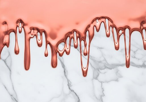 Rose gold liquid dripping over white marble texture background