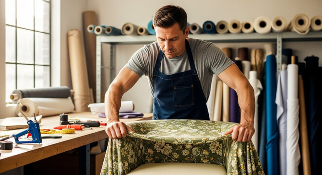 Male upholsterer stretching fabric over chair cushion in workshop, furniture renovation process