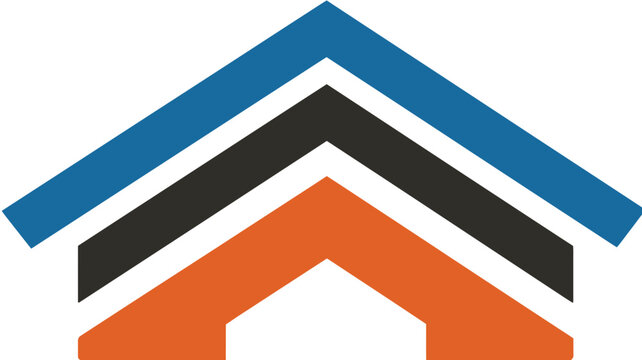 Abstract geometric house icon with layered blue, black, and orange chevrons, symbolizing modern property, construction, and real estate