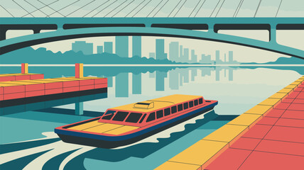 Obraz premium A boat on the water with a bridge and city in the background in a stylized vector illustration