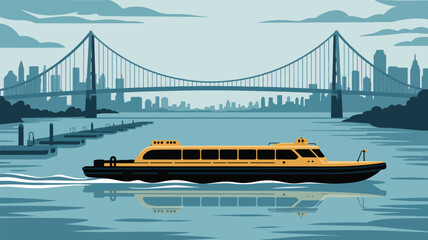 A boat sailing on water with a bridge and city skyline in the background vector illustration art