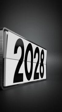 Flip calendar changing years from 2025 to 2040 with selective focus - 3D 4k vertical animation (2160 x 3840 px)