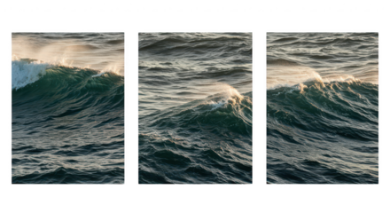 Ocean's Tranquil Triptych: A series of three panels, revealing the majestic dance of the ocean with waves under the light. Captured at the heart of the ocean's vastness. 