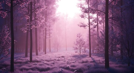 Fototapeta premium Mystical Forest Bathed in Ethereal Pink Light and Fog.