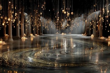 Elegant hall filled with hanging lights and glowing candles creating a serene atmosphere at night