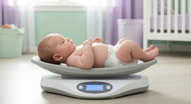 Baby in Diaper on Digital Scale in Nursery, Infant Growth Development and Health Monitoring