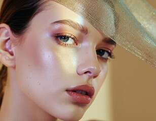 A cinematic extreme close-up portrait of a young woman in dramatic sidelight. Vibrant neon blue, magenta, and golden light, high-contrast, atmospheric editorial photography with a surreal touch