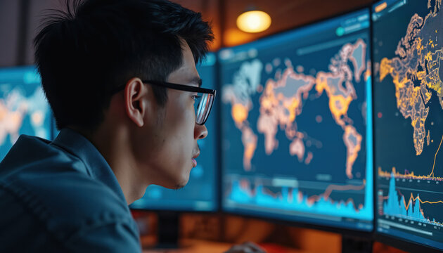 Young Asian man with glasses works on multiple computer screens. Studies global maps, data charts, graphs. Analyzes complex digital info for business tech logistics operations. Male pro concentrates