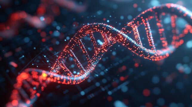 Synthetic biology concept with 3D DNA helix glowing in futuristic laboratory background.