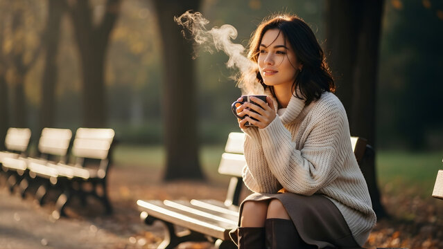 cozy realistic indoor photo of couple in fall outfits, woman in cream cardigan, man in olive sweater, soft cafe lighting, steam from coffee cups, candid natural tone - Powered by Adobe