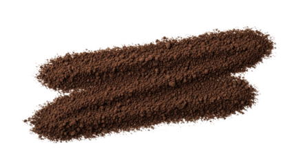 Dark brown fine granular texture, resembling soil or cookie crumbs, diagonally on transparent background, copy space, top-down, no shadows. Concept of raw material quality