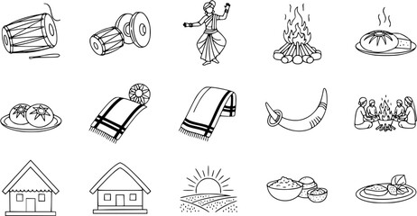 Fototapeta premium Assamese Bihu Festival Cultural Elements: Traditional Drums, Dance, Food, Attire, and Harvest Celebration Line Art Icons