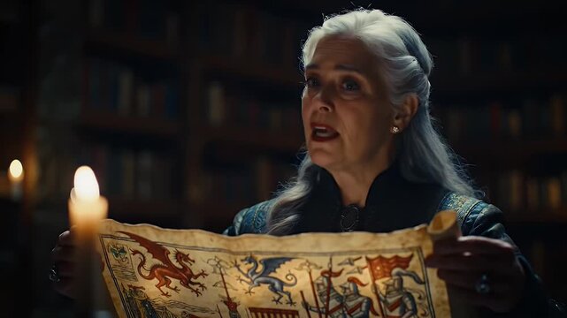 Silver-haired woman holds illustrated map in dim, old library