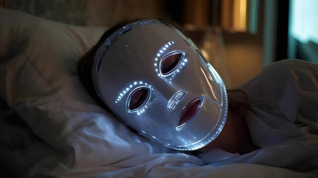 A person wearing a glowing LED facial mask while lying in bed.