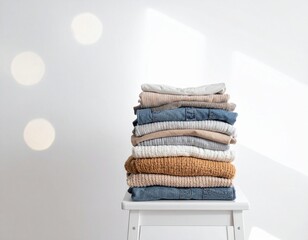 Stack of Donated Clothes on Stool for Charity Shop white background 