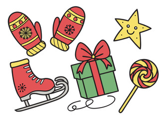 Christmas winter holiday icons including mittens ice skates gift box star lollipop vector illustration