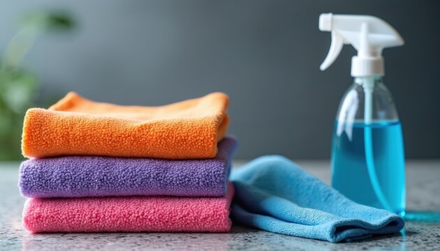 Stack of folded cleaning microfiber cloths with cleaning spray bottle. Colourful cleaning rags for dusting. Home cleaning supplies. Cleaning service tools, equipment on table for housekeeping office