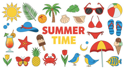 Summer time illustration, colorful vector of beach elements, tropical drinks, sun, bikini, crab, ice cream, and vacation symbols