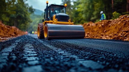 Road roller compact asphalt construction site