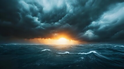 Dramatic stormy seascape with dark turbulent clouds and golden sunlight breaking through on horizon, illuminating rough ocean waves during tempest.