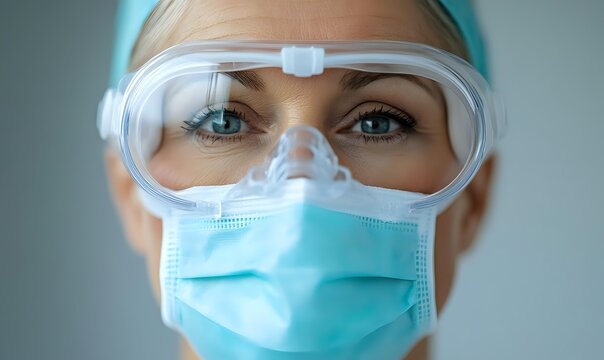 Healthcare professional wearing protective goggles and surgical face mask looking directly at camera with determined expression against blurred background.