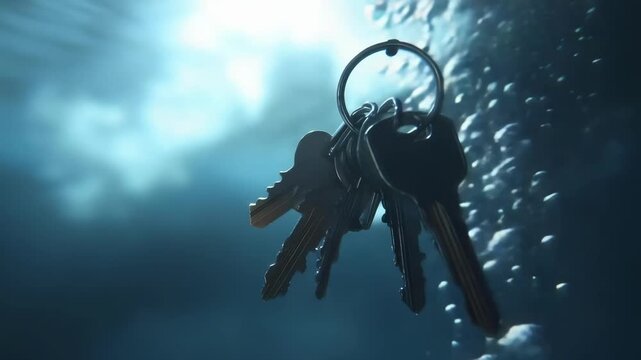 Keys on a keyring underwater with bubbles and light from above.