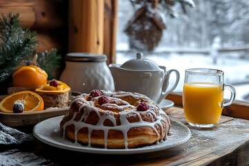 Sweet braided bread ring with white icing and fresh cranberries served for breakfast with orange juice and tea pot on wooden table near snowy window.