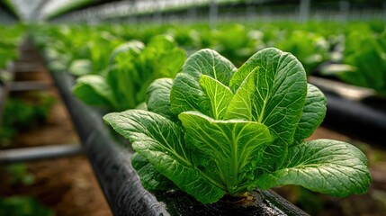 Fresh hydroponic lettuce growing in modern greenhouse with nutrient film system