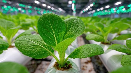 Young lettuce plant in hydroponic vertical farm under artificial LED lighting