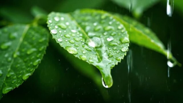 Close up of green leaves covered in fresh water droplets during a gentle rain shower