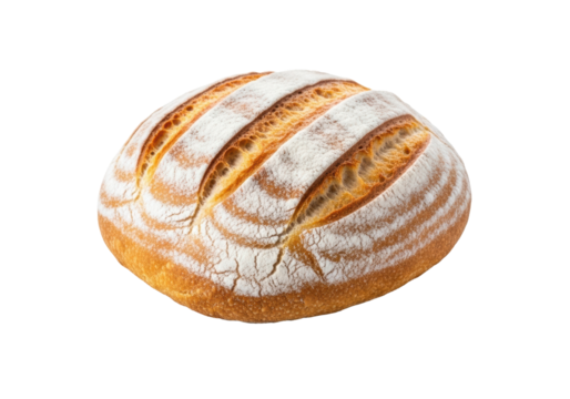Freshly baked artisan white bread, golden crispy crust, score marks, flour dusted, transparent background, copy space, UHD studio photo. Concept of artisan food