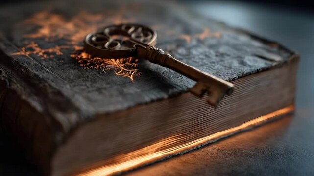 An old, worn book with a vintage skeleton key resting on its cover.