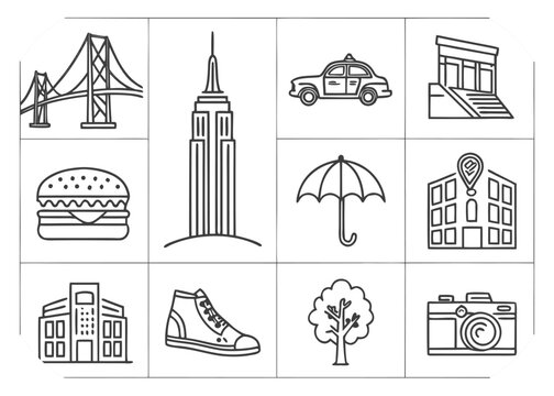 Collection of line art icons showcasing New York City landmarks food and common objects Keywords: bridge golden gate