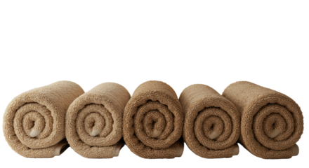 Rolled brown towels stacked in a row on white background, spa and bathroom essentials, perfect for wellness and relaxation themes