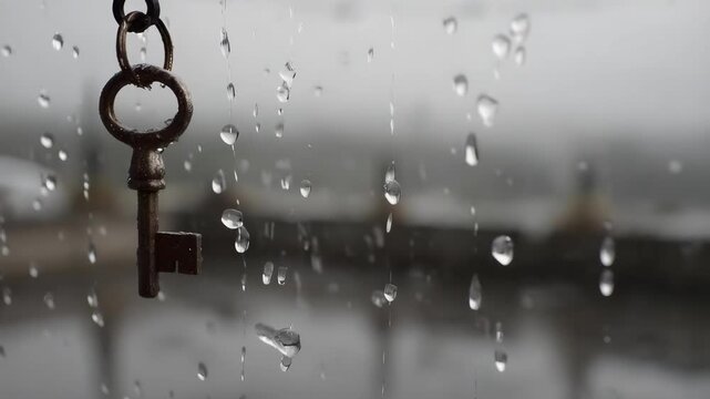 A rusty old key on a chain hangs in front of a rain-speckled window, with a blurred cityscape in the background.
