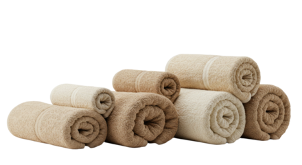 Rolled beige and cream towels stacked neatly isolated on white background, perfect for spa and bathroom decor