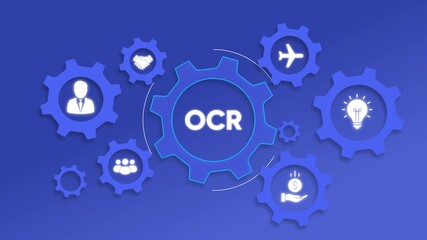 OCR technology concept with interconnected gears and icons optical character recognition data - Powered by Adobe