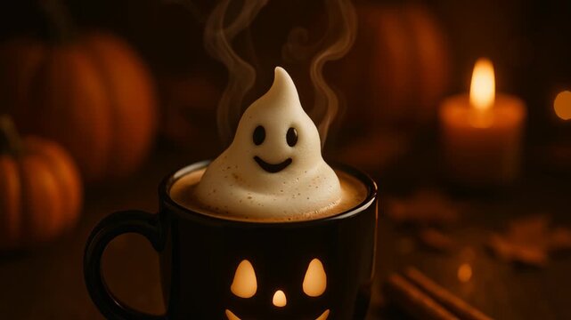 Cozy Halloween Warm Drink Delightful Hot Chocolate with Smiling Ghost Foam, Pumpkins, and Candles for Festive Autumn Evening