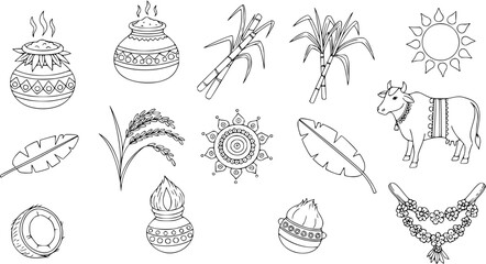 Pongal Festival Traditional Elements and Symbols Outline Vector Icons Set. Featuring Sugarcane, Rice Pot, Cow, Sun, Banana Leaves, and Rice Stalks for South Indian Harvest.