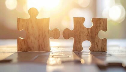 Wooden Puzzle Pieces Connecting in Soft Light on a Table Surface