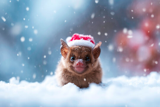 Greater Spear nosed Bat wearing Santa hat in snowy yard flying mammal portrait