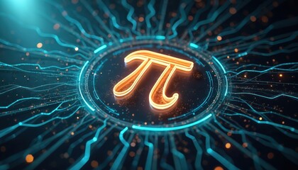 Futuristic neon pi symbol glows within digital network. Cosmic background with bright blue circuit lines and orange particles. Represents math, science, and innovation.
